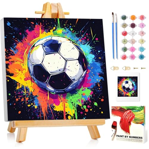 Fußball Malen Nach Zahlen Kinder mit Rahmen, Malen nach zahlen kinder ab 5 6 7 8 9 10 Jahre, Malset mit Rahmen, Pinsel und Acrylfarben, Geschenk für Mädchen und Jungen, mit Glitzer 20x20cm