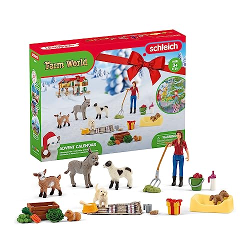 SCHLEICH Farm World | Adventskalender 2023-98983 | mit beweglicher Figur Laura, Esel, Hund, Schaf & Bauernhof Zubehör | Geschenkidee für Kinder | Bauernhof Spielzeug ab 3 Jahren | Set aus 24 Teilen