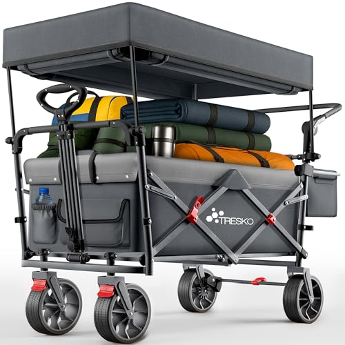 TRESKO® Bollerwagen Faltbar mit Dach, Kühlfach & Seitenrollos | Handwagen max. belastbar bis 150kg | Transportwagen mit Vollgummireifen & Feststellbremsen (Vorne & Hinten) und 3-Punkt-Gurt (Anthrazit)