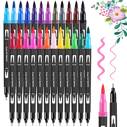 Dual Brush Pen Set - 24 Farben Aquarellstifte Filzstifte Set , Manga Stifte, Kalligraphie Stifte Kit für Aquarell Handlettering Bullet Journal, Fasermaler(1-2 mm) und Fineliner(0,4 mm)