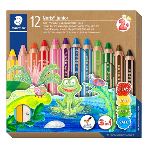 STAEDTLER 3in1 Buntstift Noris junior, Bunt-, Wachsmal- und Aquarellstift, extra bruchsicher, ideal für Kinder, für viele Oberflächen, Kartonetui mit 12 Farben inkl. Spitzer, 140 C12