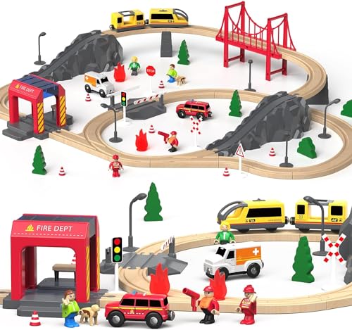 Holzeisenbahn Set 72-Teilen, Holzeisenbahn Schienen und Zugspielzeug, Modelleisenbahn-Set für Kleinkinder, Spielzeugeisenbahn-Set für Kinder im Alter Von 1–3 Jahren, Geschenk für Jungen und Mädchen
