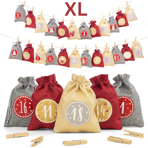 Adventi Groß Adventskalender zum Befüllen [24 Stück] XL Weihnachtskalender 2025 Jutesäckchen 20 x 15cm, Weihnachtsdeko Tüten/Säckchen, Geschenktüten Weihnachten mit individuellen Designs (Rot)