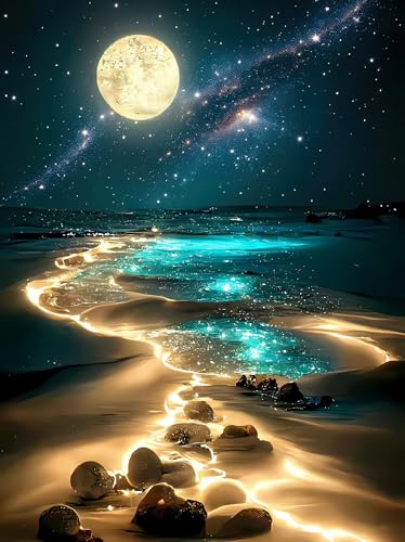 Moonlight Jigsaw Puzzle 1000 Teile Erwachsene, Leuchtende Strandlandschaft im Mondlicht Puzzle Erwachsene 1000 Teile, Impossible Klassische Puzzles als Geschenk und Decor (70 x 50 cm)