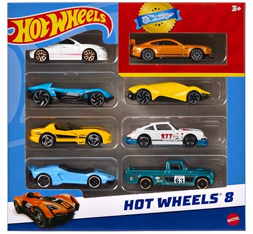 Hot Wheels Set mit 8 Basic-Spielzeugautos und Trucks im Maßstab 1:64, inklusive 1 exklusivem Fahrzeug (Verschiedene Modelle, zufälliges Set), HPV78
