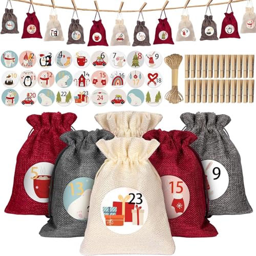 Kiaitre Adventskalender zum Befüllen Stoff, 24 Weihnachtskalender Selber Befüllen, 12 x 16cm Jutesäckchen Säckchen Groß mit 24 Weihnachtsaufkleber & Klammern und 10M Hanfseil für DIY Weihnachtsdeko