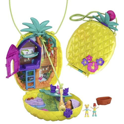Polly Pocket GKJ64 - Ananas-Taschen-Schatulle, tragbar, mit 8 lustigen Funktionen, den kleinen Puppen Polly und Lila, 2 Zubehörteilen und Stickerbogen; Spielzeug für Kinder ab 4 Jahren