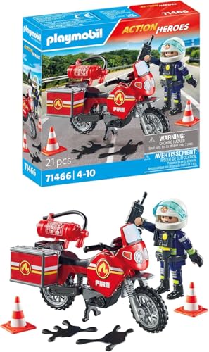 PLAYMOBIL Action Heroes 71466 Feuerwehrmotorrad am Unfallort, rasante Fahrt zum Einsatz, mit vielfältigem Zubehör wie Funkgerät und Feuerlöscher, realitätsnahes Spielzeug für Kinder ab 4 Jahren