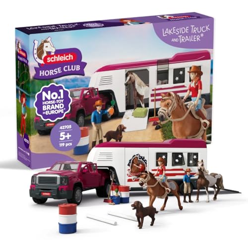 schleich Horse Club | Lakeside Truck mit Anhänger 42705 | Set inkl. Truck, Pferdeanhänger, Pferdebox, Hannah, 2 Pferde, Hund & Zubehör | Pferdespielzeug & Geschenk ab 5 Jahren | 119-teiliges Set