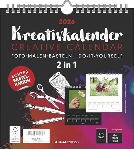 Alpha Edition - Kreativ-Kalender M 2 in 1 Schwarz & Weiß 2026 – Bastelkalender M (21×22 cm) mit beidseitigem Design & Platz für Fotos, ideal zum Malen & Basteln , inkl. gestaltbarem Titelblatt
