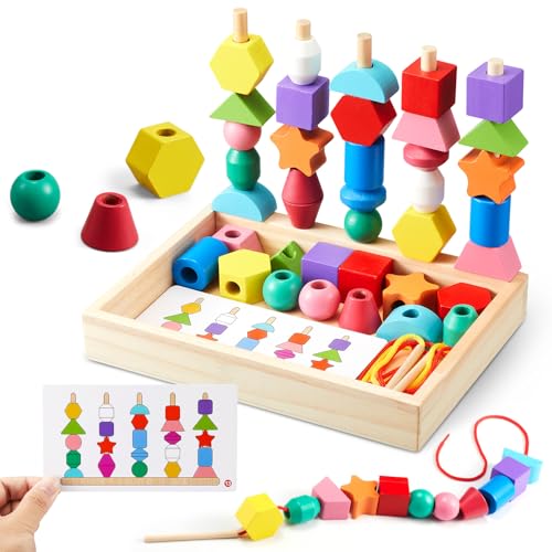 Montessori Spielzeug ab 3 4 5 Jahre Motorikspielzeug Fädelspiel Bausteine Sortierspiel für Kinder, Holz StapelspielFeinmotorik Lernspiele Geschenk für Baby Junge Mädchen （Mit Aufbewahrungsbox）