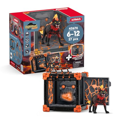 SCHLEICH ELDRADOR Creatures | Battle CAVE Lavahyäne 42674 | Set aus ELDRADOR Battle Cave mit Monster, Schusswand & Kristall | Battle Caves zur Arena stapelbar | Spielzeug ab 7 Jahren | 27 Teile