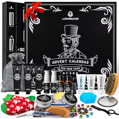 Adventskalender 2025 für Männer, Lionmane Geschenkset für Männer, Bartpflege Set Adventskalender Mann, 24 Weihnachtskalender für Körper, Gesicht, Bart & Haarpflege für Mann, Hautpflege Set für Herren