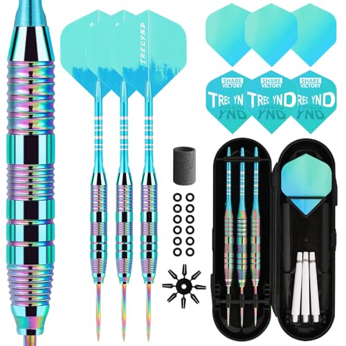 Dartpfeile mit Metallspitze 22 Gramm(Der ganze Pfeil), Profi Steeldarts mit Metallspitze Steeldarts Set Steel Darts Pfeile Set Stahl Spitze Darts Set 3 Aluminium Schaft + Extra Dart-Flüge (Green-Blue)