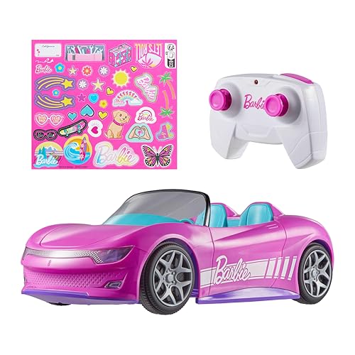 Hot Wheels Barbie Spielzeugauto, ferngesteuertes pinkfarbenes Cabrio, Platz für 2 Barbie-Puppen und Kofferraum lässt sich zum Aufbewahren von Zubehör öffnen, JBH05