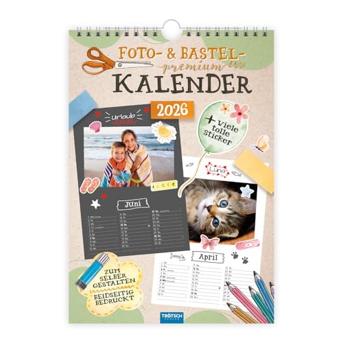 TRÖTSCH - Foto- und Bastelkalender Premium A4 2026 mit vielen Stickern: selbstgestalten basteln schenken kreativ sein