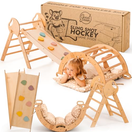 Goodevas 5-in-1 Montessori Klettergerüst Set: Indoor Kletterdreieck, Kletterbogen mit Kissen, und Rutsche für Kinder, Indoor Spielplatz 1-3 Jahre