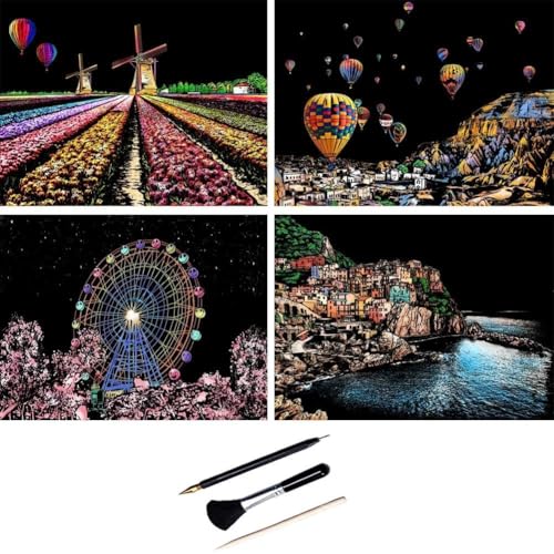 ShipeeKin 4X Kratzbilder, 290x210 MM Sehenswürdigkeiten Wandbild, Beschichtete Bunte Kratzpapier mit Werkzeug Set (Landschaften in Europa)