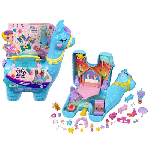 Polly Pocket Schatulle, Lama im Pyjama Party Thema, mit 25 Zubehörteilen wie 2 Puppen und 2 Lamas, interaktive Elemente für intensives Spielen, Spielzeug ab 4 Jahre, HHX74