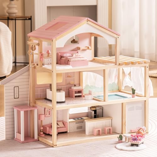 ROBUD Puppenhaus aus Holz,Puppen-Villa mit Möbel,Mit Aufzug, Garage, Pavillon und Schwimmbad,Geschenk für Kinder ab 3, 4, 5, 6 Jahren und älter,Rosa