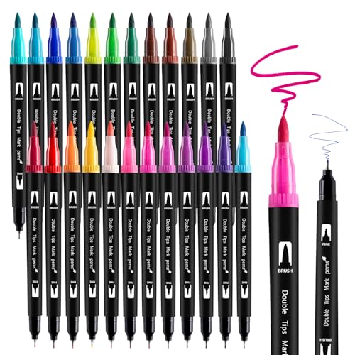 Thboxes 24 Farben Dual Brush Pen Set, Filzstifte Dicke und Dünne Pinselstifte Wasserbasierte Marker Filzstifte Kinder Erwachsen Malen Zeichnen Skizzieren Journaling Kalligrafie DIY
