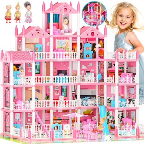 Big Dream Doll House für Mädchen mit 5 Etagen, 19 Zimmern, Puppen, Matte, LED-Beleuchtung, Möbeln, Welpen, Zubehör – EIN Puppenhaus-Geschenk für Mädchen im Alter von 3, 4, 5, 6, 7, 8, 9, 10 Jahren.