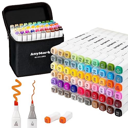 AnyMark Alkohol Marker, 60 Farben Marker Stifte Set, Twin Tip Künstler Stifte Set zum Zeichnen, Ausmalen und Skizzieren, Meißel- & Feinspitzen