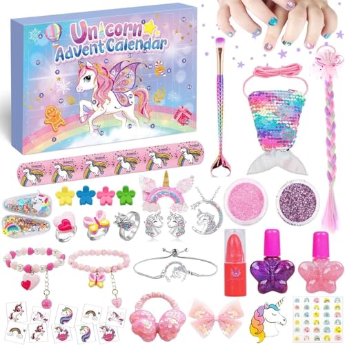 iZoeL Adventskalender Einhorn 2025 Mädchen Weihnachtskalender 24 Füllungen Einhornkalender Schmuck Haarschmuck Tattoo Fingertattoo Advent Calendar Kinder ab 3 Jahre