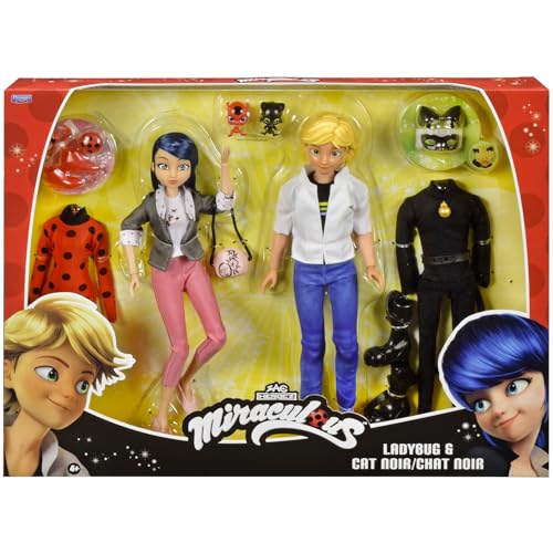 BANDAI – Miraculous – 2er-Pack Marinette und Adrien Puppen mit 2 Outfits (Ladybug & Cat Noir), Zubehör – Miraculous Geschenkbox 2 Figuren 26cm – Geschenkidee Kinder – Spielzeug ab 4 Jahren – P50359
