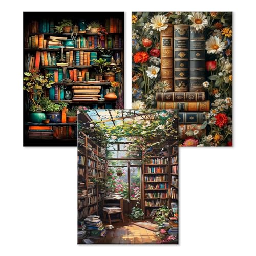 WEMEON 3 Stück Malen Nach Zahlen Erwachsene(30X40cm)- Bücherregal Malen nach Zahlen, Malen Nach Zahlen Kit mit 9 Pinseln, Acrylfarben Handgemalt Ölgemälde Leinwand für Home Decor