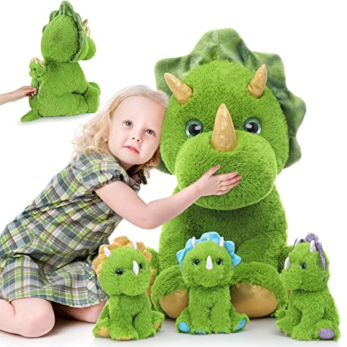 MorisMos 62cm hoch sitzend Dino Kuscheltier XXL mit 3 Plüschbaby im Bauch, Grün riesen Triceratops Stofftier Plüschtier groß, Weihnachten Geburtstag Geschenk Kinder Mädchen