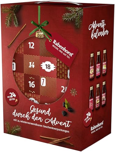 RABENHORST Saft Adventskalender 2025 – 24 hochwertige Direktsäfte in Glasflaschen (12 verschiedene Sorten) – Vegan, ohne Zuckerzusatz – Gesunder Adventskalender für Kinder und Erwachsene