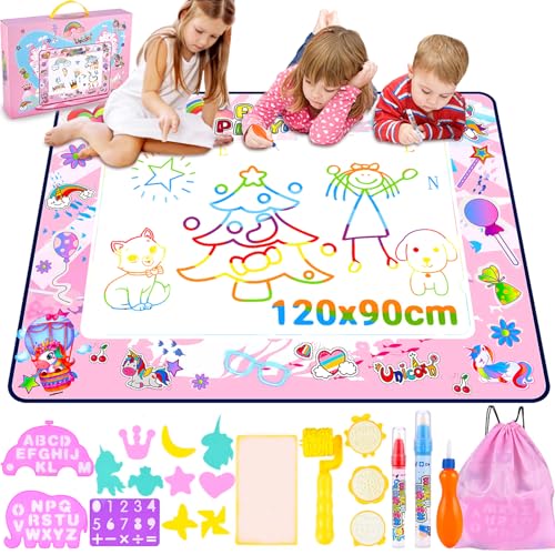 Nabance Malmatte mit Wasserstift Wasser Matte Doodle 120 * 90cm Wassermalmatte Super Groß XXL Drawing Matte mit 3 Wasserstift 9 Stempelset Aufbewahrungstasche Geburtstag Geschenke für Kinder