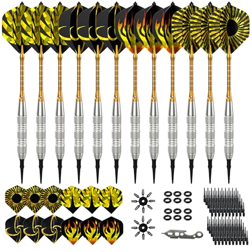 Dartpfeile mit Kunststoffspitze 12 Stück | Profi Dart Pfeile Set für Elektronische Dartscheibe | Softdarts mit 100 Kunststoff Dartspitzen zum Austauschen, 24 Laser Flights | Orange