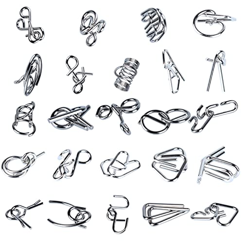 Qanmua 24 Stück Knobelspiele Set, 3D Brainteaser Metall Puzzle IQ Spiele für Kinder, Erwachsene und Studenten - Geduldspiele und Puzzle Ring Geschenke