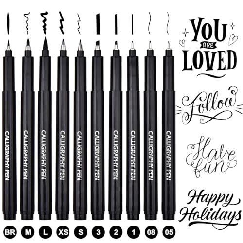 DealKits 10 Größe Kalligraphie Stifte Schnelltrocknende Calligraphie Stifte Pinselstifte Schwarz Fineliner Handlettering Stifte für Schriftzug Anfänger Bullet Journal Tagebuch Unterschrift Zeichnung