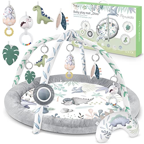 Nukido Spielbogen Baby Interaktiv - 5in1 Krabbeldecke Spielmatte - Krabbelmatte Laufstall Babynestchen für Neugeborene mit Bauchzeit-Kissen - 2 Bögen mit 7 Sensorik-Spielzeugen - 56 cm Grau