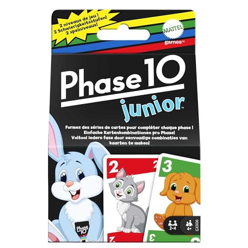 Mattel Games Phase 10 Junior - Rommé-artiges Spiel mit Mehreren Spielebenen, 56 Karten mit Tierbildern, für 2 bis 4 Spieler, für Kinder ab 4 Jahren, GXX06