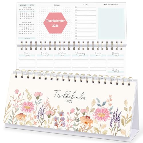 KONVINIT Tischkalender 2026 Quer,Kalender Tisch Blumen Wochenkalender/Tischplaner,1 Woche 2 Seiten,Stehkalender für Schule Büro Zuhause,Schreibtischkalender zum Aufstellen