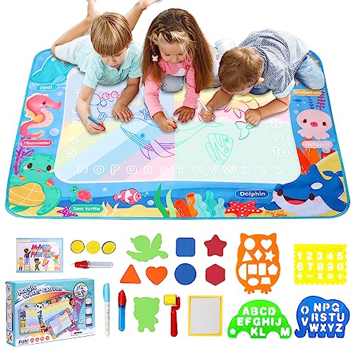 LEcylankEr Wasser Doodle Matte 120x90cm, Groß Aqua Doodle Wassermalmatte XXL, Magic Doodle Malmatte mit Wasserstift für 2-7 Jahre alt Junge Mädchen Kinder Baby Toddler (Ozean)