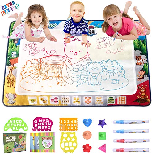 MOONTOY Tier Wassermalmatte 120 x 80cm, Wasser Doodle Matte Geschenk,Mädchen Malmatte mit Wasserstift Magic Doodle Spielzeug ab 2 Jahre Malen Lernspielzeug Geschenk 1 2 3 4 Jahre Mädchen Junge