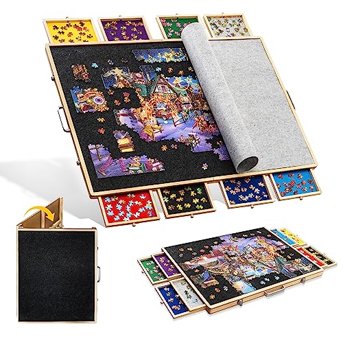 Tektalk faltbares Puzzlebrett für bis zu 2000 Puzzleteile, mit 8 Sortierschalen/Schubladen, Puzzletisch mit Deckel, einsetzbar für 2000, 1500, 1000, 500 Puzzleteile