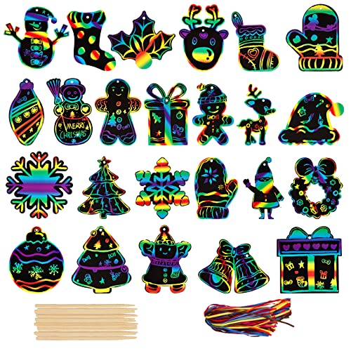 48 Stück Weihnachten Kratzbilder Set für Kinder 24 Mustern Regenbogen Kratzpapier zum DIY Basteln Weihnachtsdeko Anhänger Party Mitgebsel mit Holzstäbchen Bänder Weihnachtsgeschenke