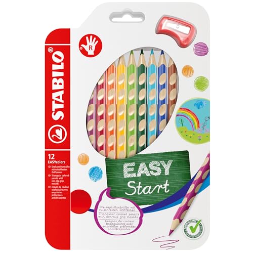 STABILO - Ergonomischer Buntstift für Rechtshänder - EASYcolors - 12er Pack mit Spitzer