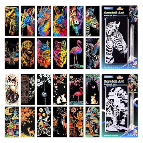 Yuqilin 24 Stück Kratzbilder Erwachsene + 2 Stück Spezialstifte Kratzbilder für Kinder Bastelarbeiten Kratzpapier Magic Rainbow Kratzpapier für Notizbücher Grußkarten Geschenke Partys (A)