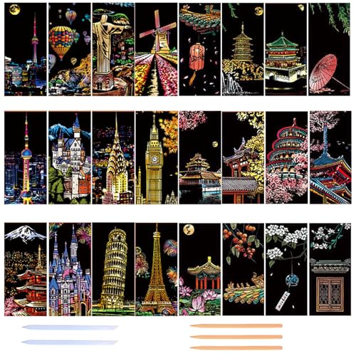 Georgie Porgy Kratzbilder Set DIY Bastelsets für Kinder Erwachsene Magic Scratch Paper Lesezeichen für Weihnachten Geburtstagsgeschenk mit Kratzwerkzeuge Kit (Berühmte Landschaft+Antiker Stil)