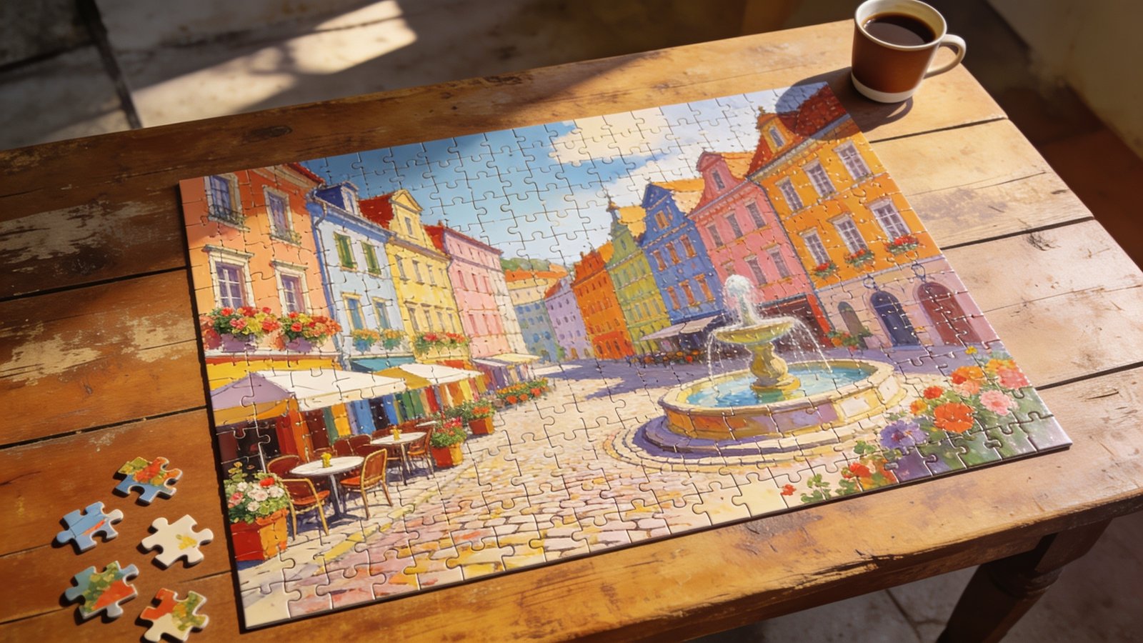 Completed jigsaw puzzle of a colourful European old town square