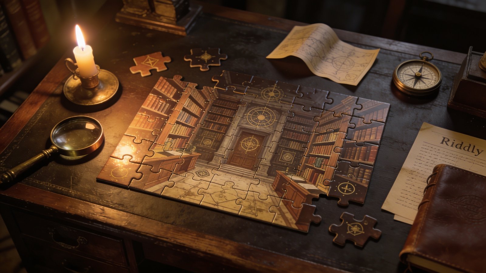 Mysterious escape-themed jigsaw puzzle with magnifying glass and candle