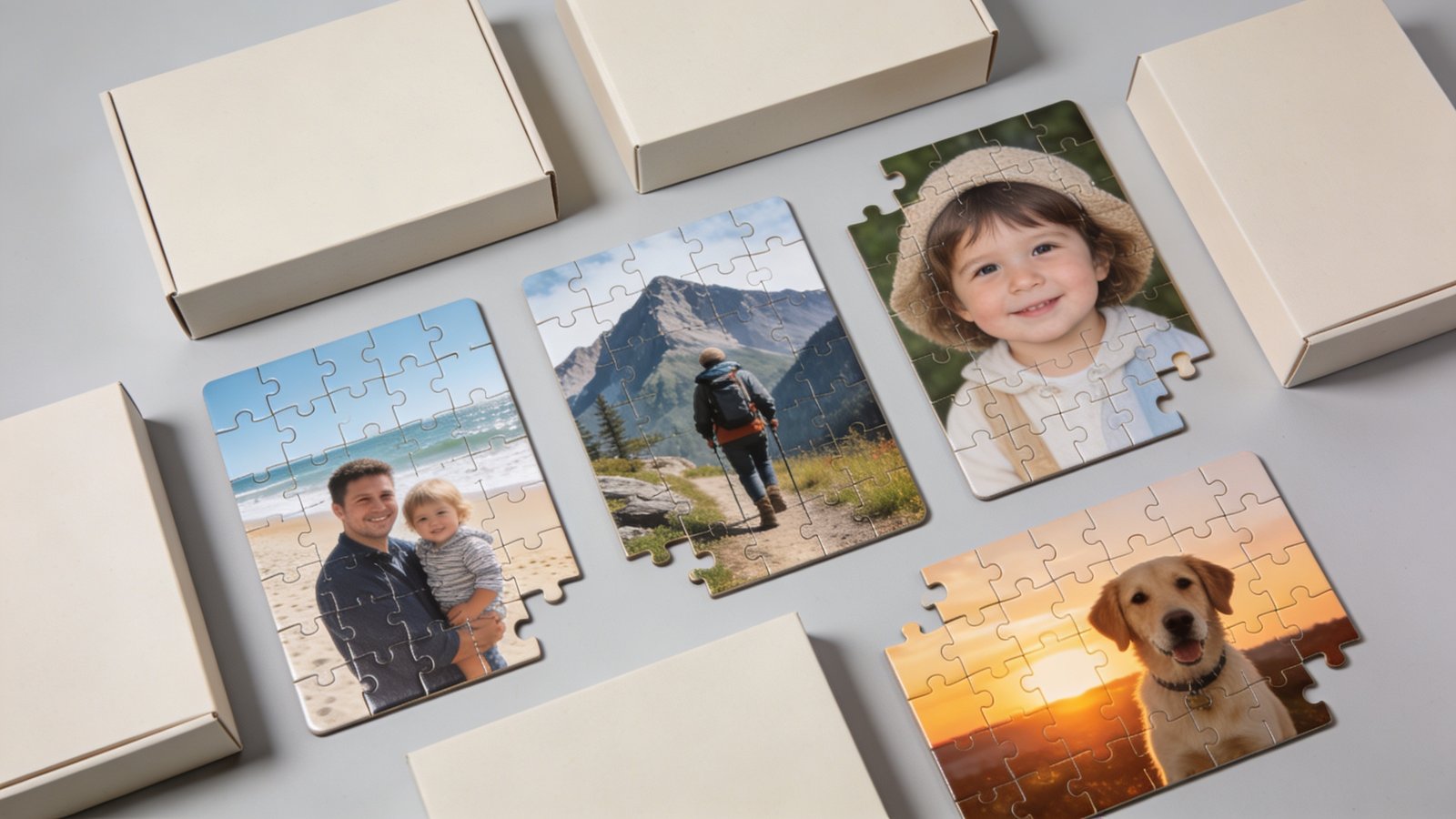 Five different personalised photo puzzles arranged for a comparison test