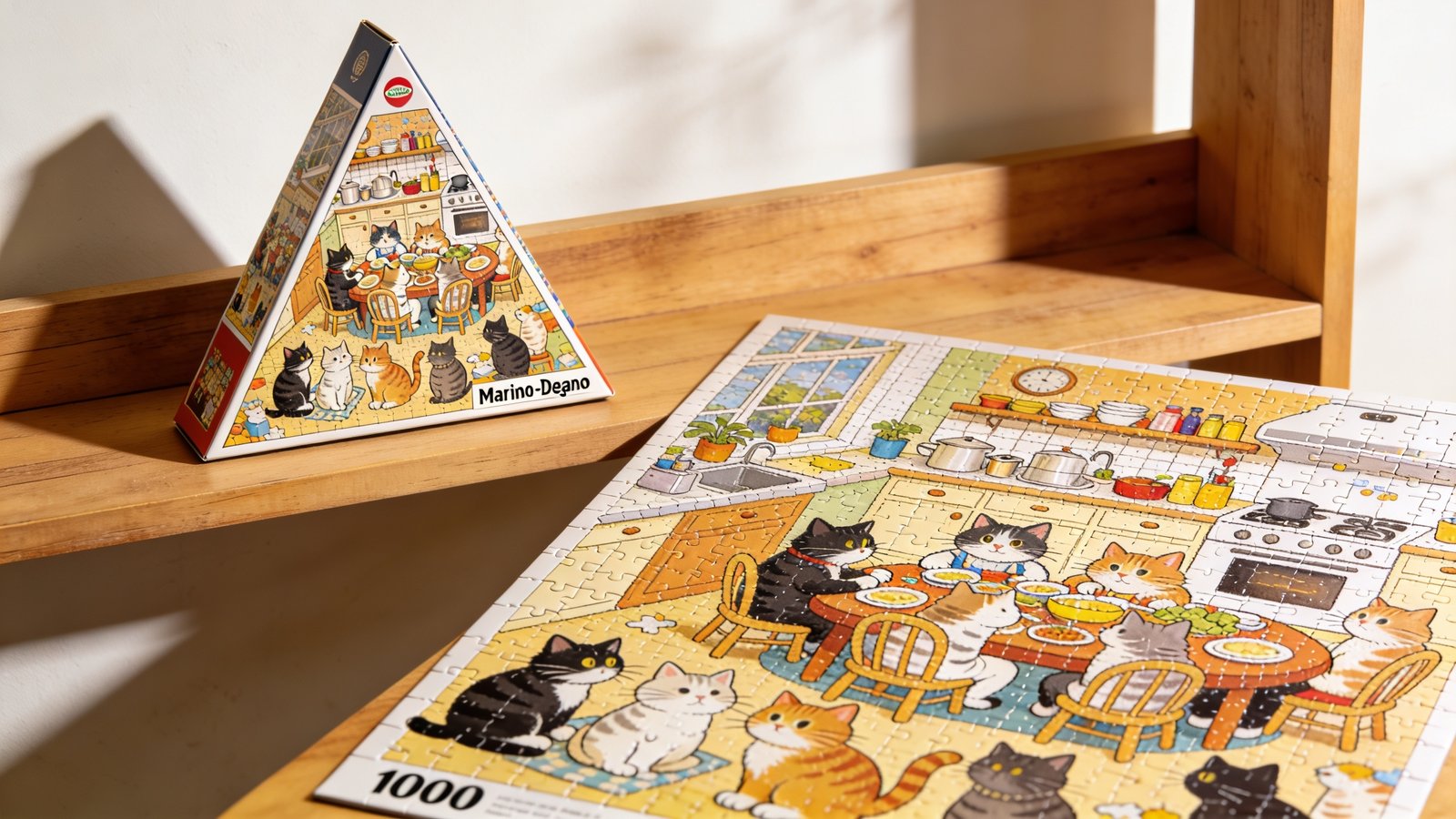 Triangular puzzle box on shelf with cartoon-style colourful jigsaw spread on table